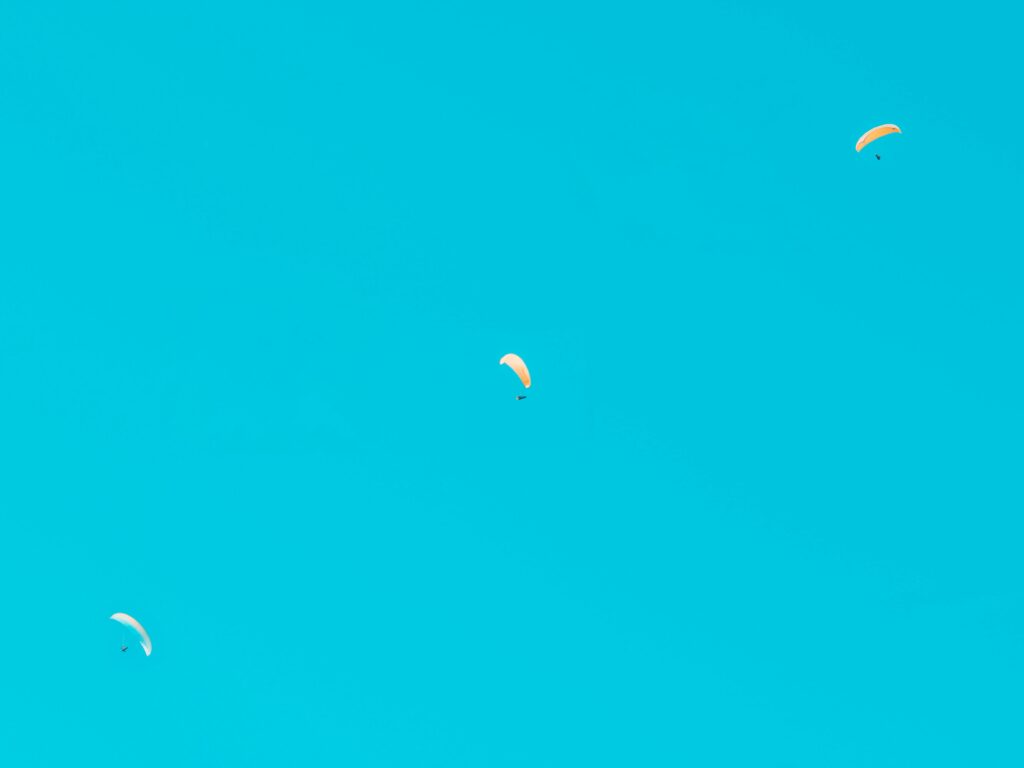 Two paragliders enjoying a clear sky adventure, symbolizing freedom and thrill.