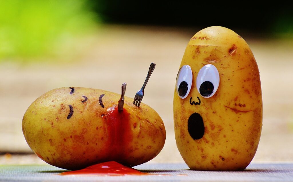potatoes, ketchup, murder, fun, knife, stab, fork, potato murder
