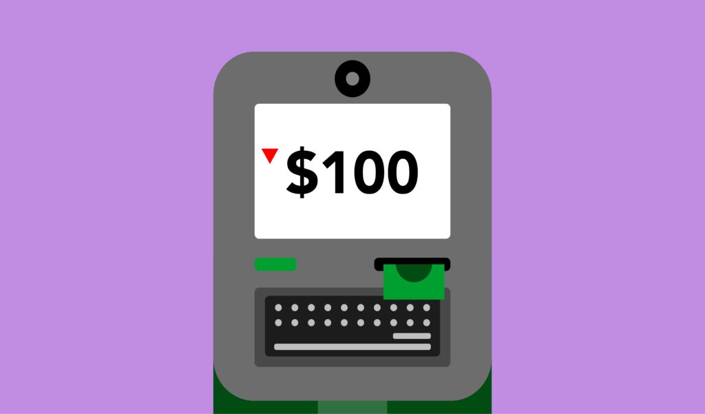 Decorative cardboard applique of automated teller machine with number and dollar symbol on display on violet background